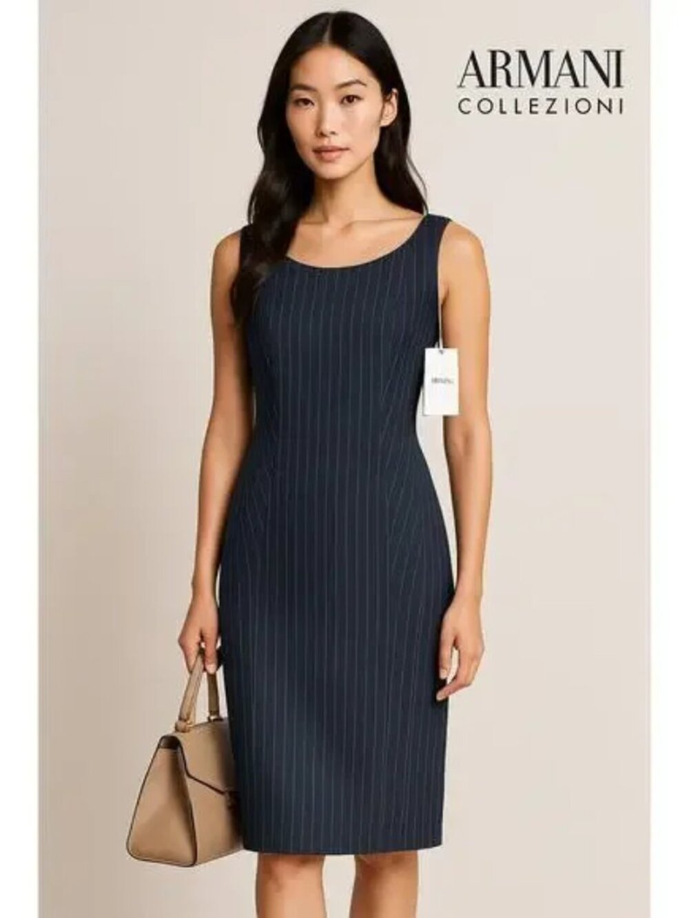 Armani Collezioni Pinstripe Sleeveless Sheath Dress, Black, Sz. 8